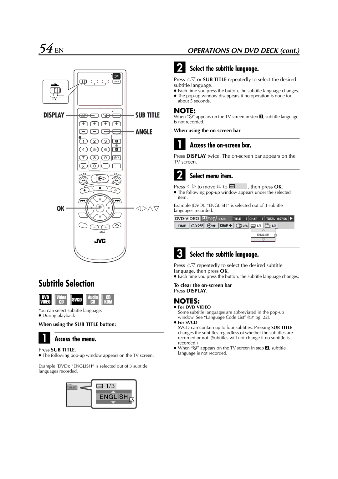 JVC LPT0762-001B, HR-XVS20AA manual 54 EN, Subtitle Selection, Access the menu, Select the subtitle language 