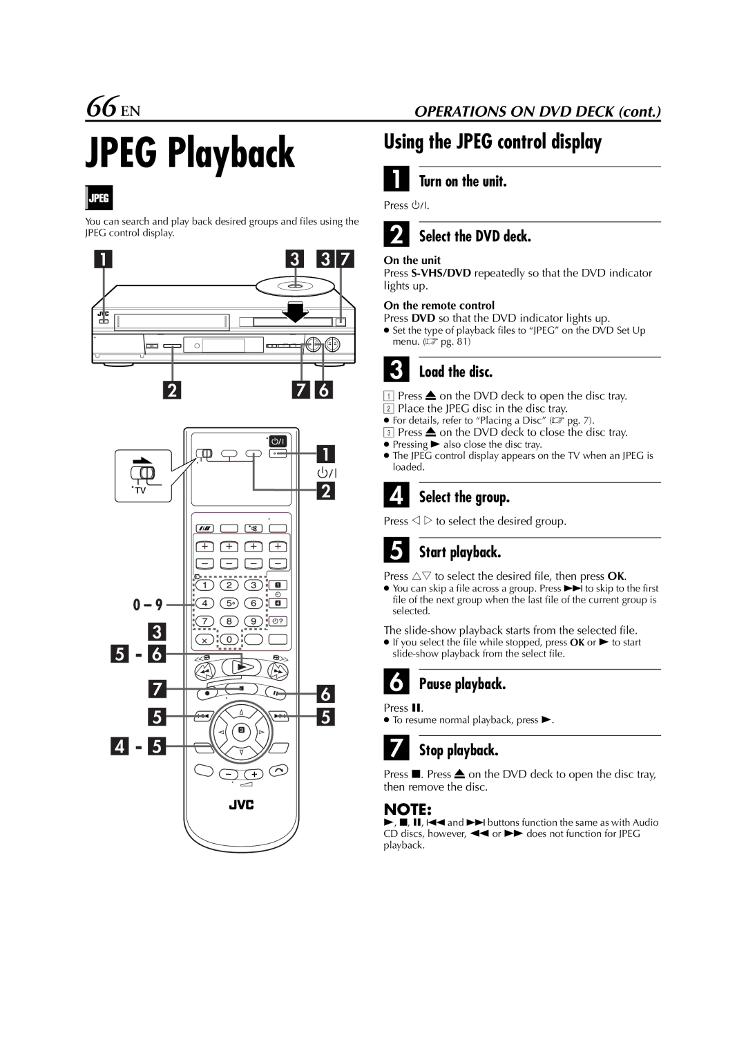 JVC LPT0762-001B Jpeg Playback, 66 EN, Using the Jpeg control display, Press rt to select the desired file, then press OK 