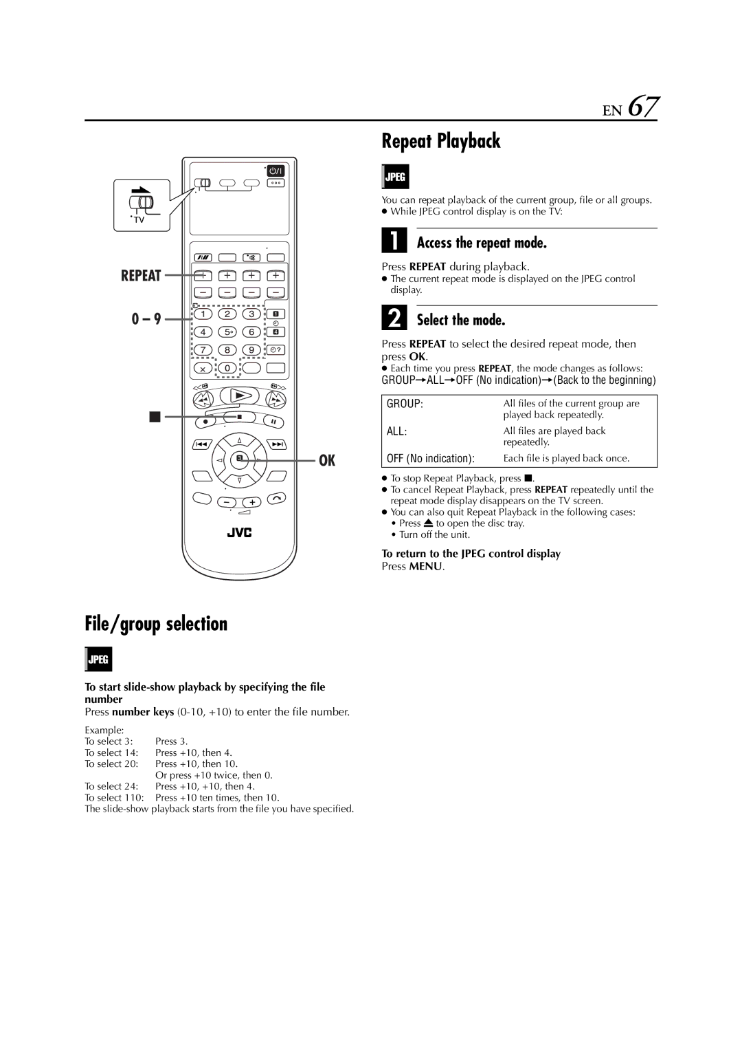 JVC HR-XVS20AA, LPT0762-001B File/group selection, To start slide-show playback by specifying the file number, Press Menu 