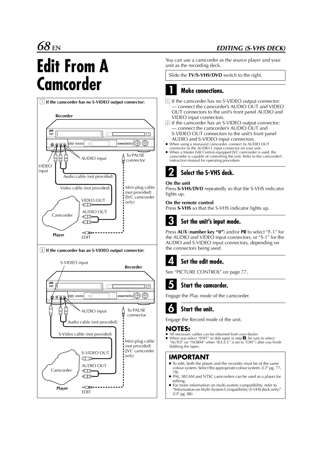 JVC LPT0762-001B, HR-XVS20AA manual Edit From a Camcorder, 68 EN 