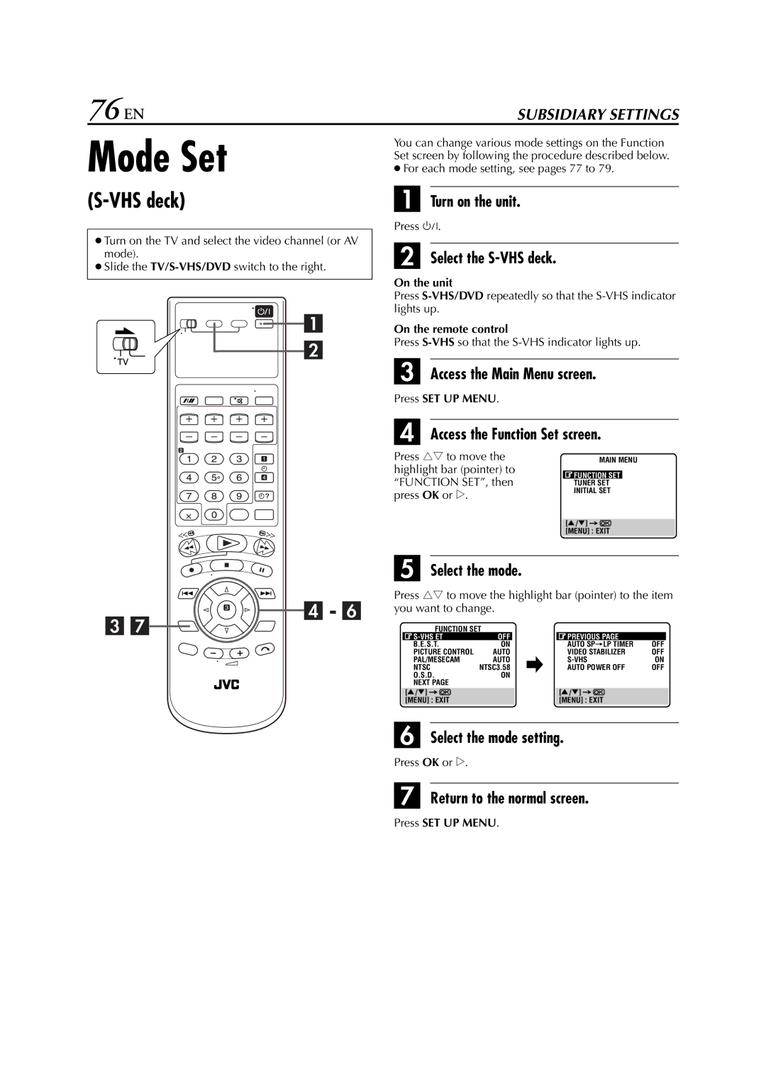 JVC LPT0762-001B manual Mode Set, 76 EN, VHS deck, Access the Function Set screen, For each mode setting, see pages 77 to 