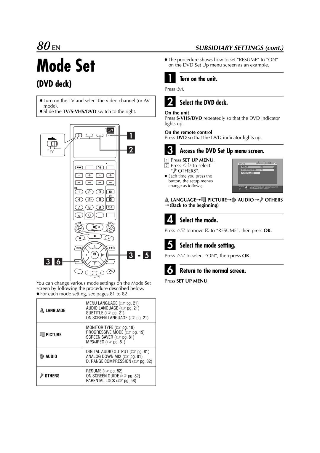 JVC LPT0762-001B manual 80 EN, For each mode setting, see pages 81 to, Language Picture Audio Others Back to the beginning 