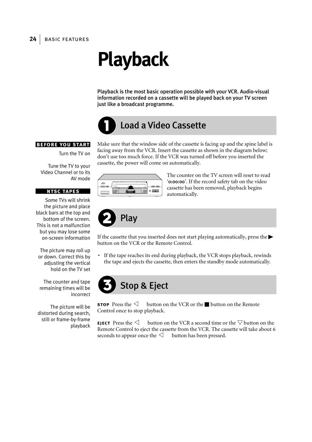 JVC LPT0816-001A manual Playback, Load a Video Cassette, Stop & Eject 