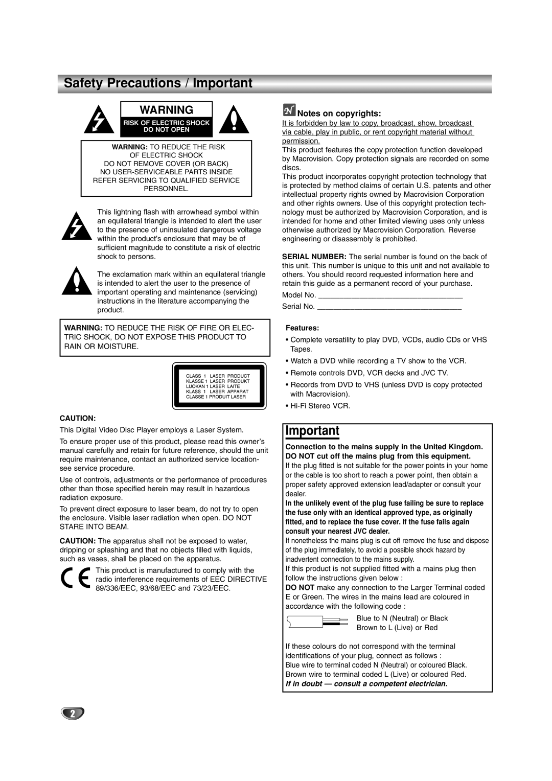 JVC LPT0822-001A, 3834RP0093F owner manual Safety Precautions / Important, Features 