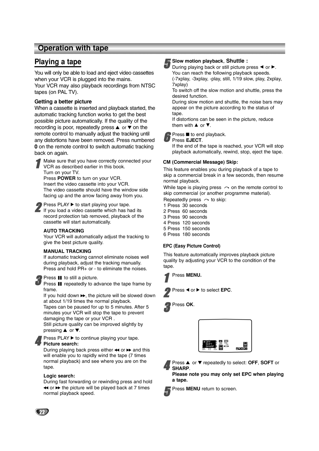 JVC LPT0822-001A Operation with tape Playing a tape, Getting a better picture, Auto Tracking, Manual Tracking, Sharp 