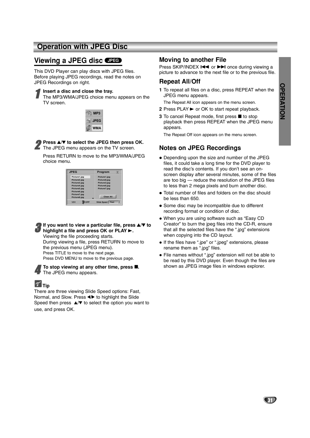 JVC 3834RP0093F, LPT0822-001A Operation with Jpeg Disc Viewing a Jpeg disc Jpeg, Moving to another File, Repeat All/Off 