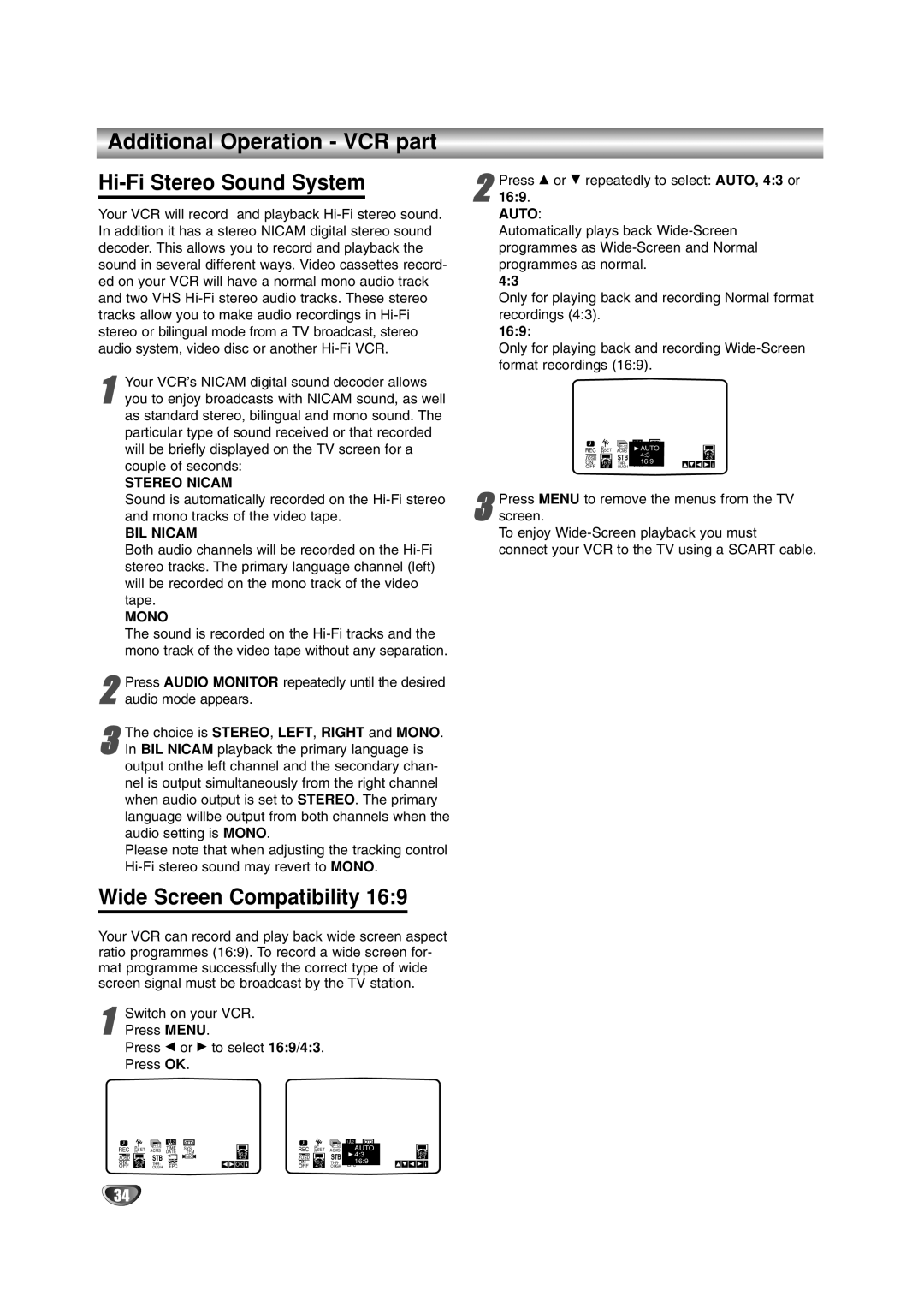 JVC LPT0822-001A Additional Operation VCR part Hi-Fi Stereo Sound System, Wide Screen Compatibility, Stereo Nicam, Mono 