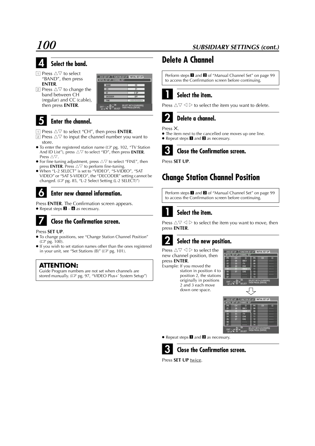 JVC LPT0827-001B, DR-M1SLB manual 100, Delete a Channel, Change Station Channel Position 