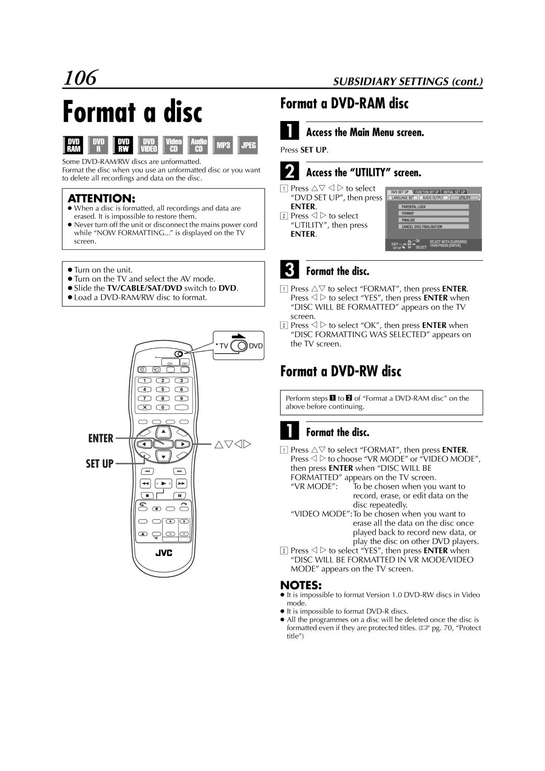 JVC LPT0827-001B, DR-M1SLB manual Format a disc, 106, Format a DVD-RAM disc, Format a DVD-RW disc 