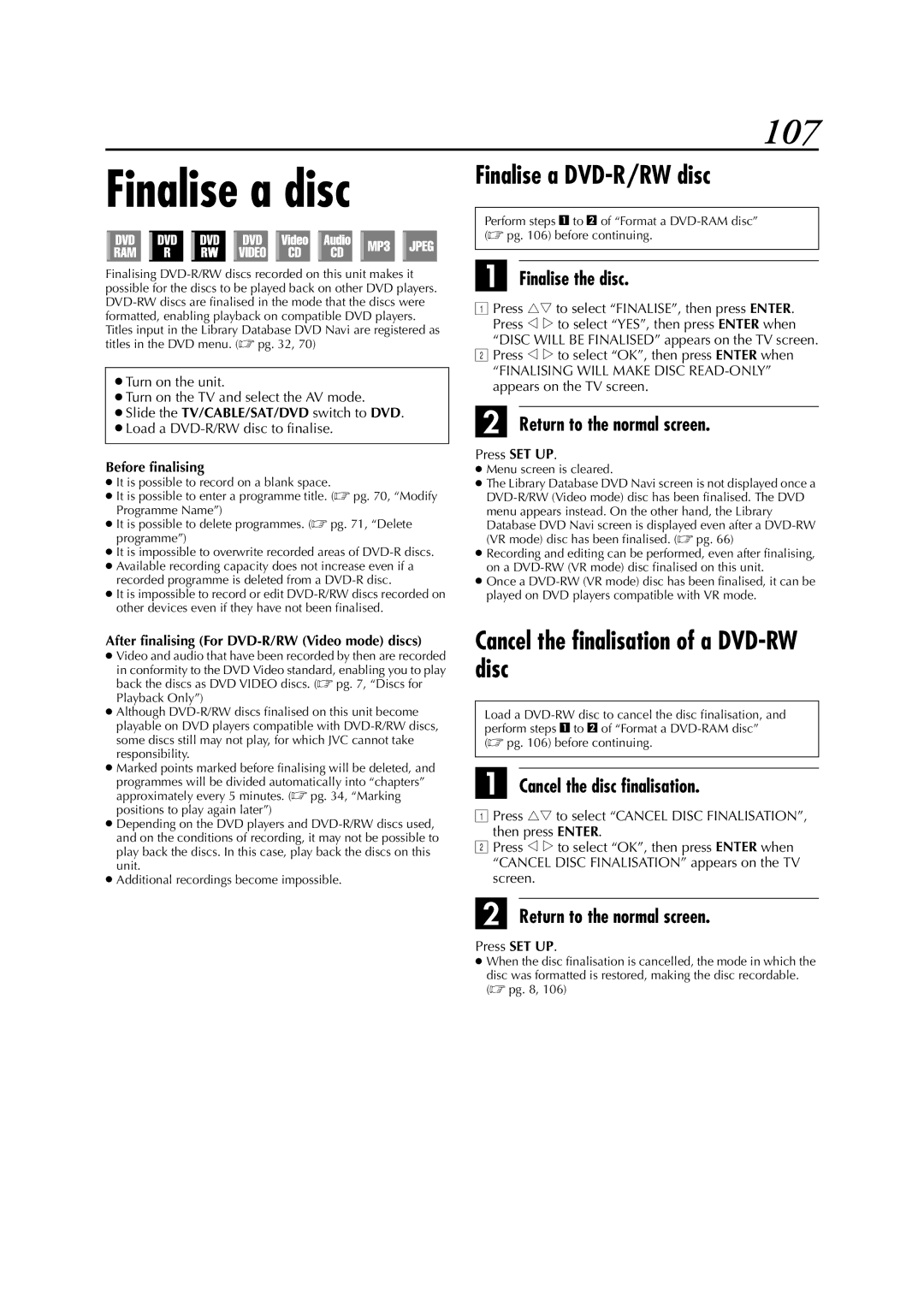 JVC DR-M1SLB, LPT0827-001B manual Finalise a disc, 107, Finalise a DVD-R/RW disc, Cancel the finalisation of a DVD-RWdisc 