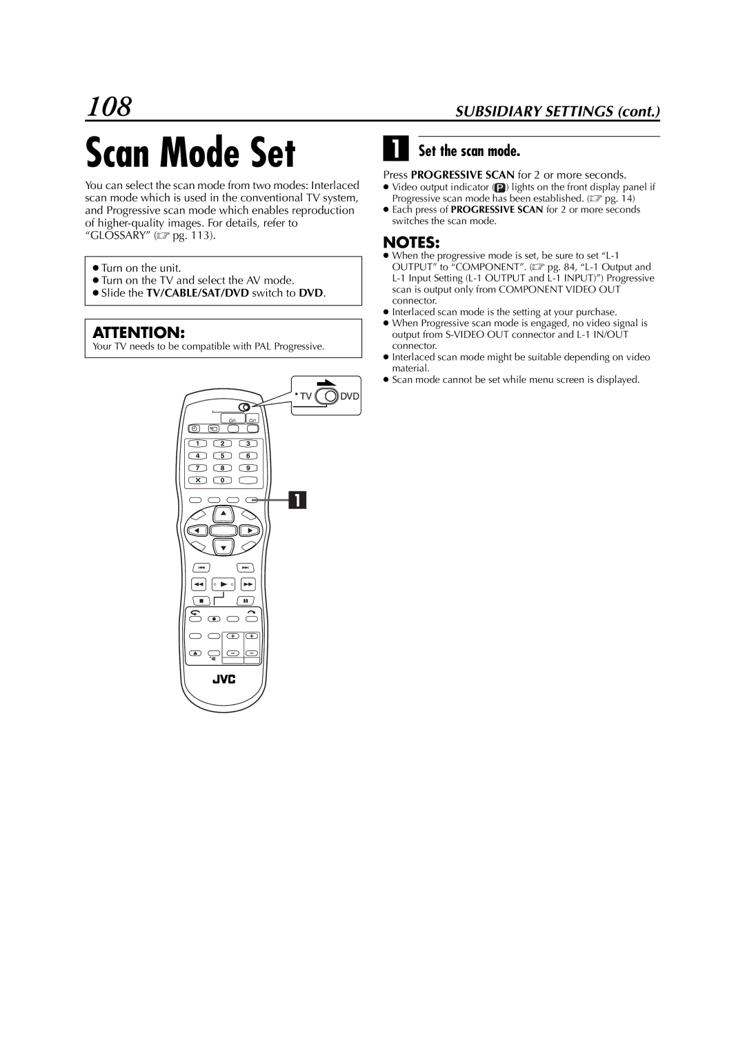 JVC LPT0827-001B, DR-M1SLB manual Scan Mode Set, 108, Set the scan mode, Press Progressive Scan for 2 or more seconds 