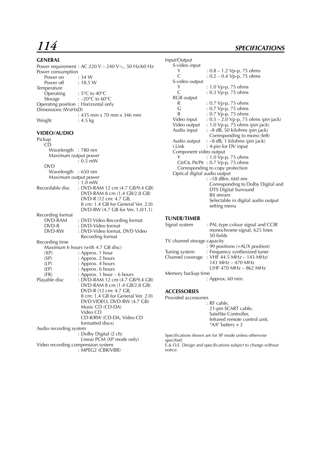 JVC LPT0827-001B, DR-M1SLB manual 114, General, Video/Audio, Tuner/Timer, Accessories 