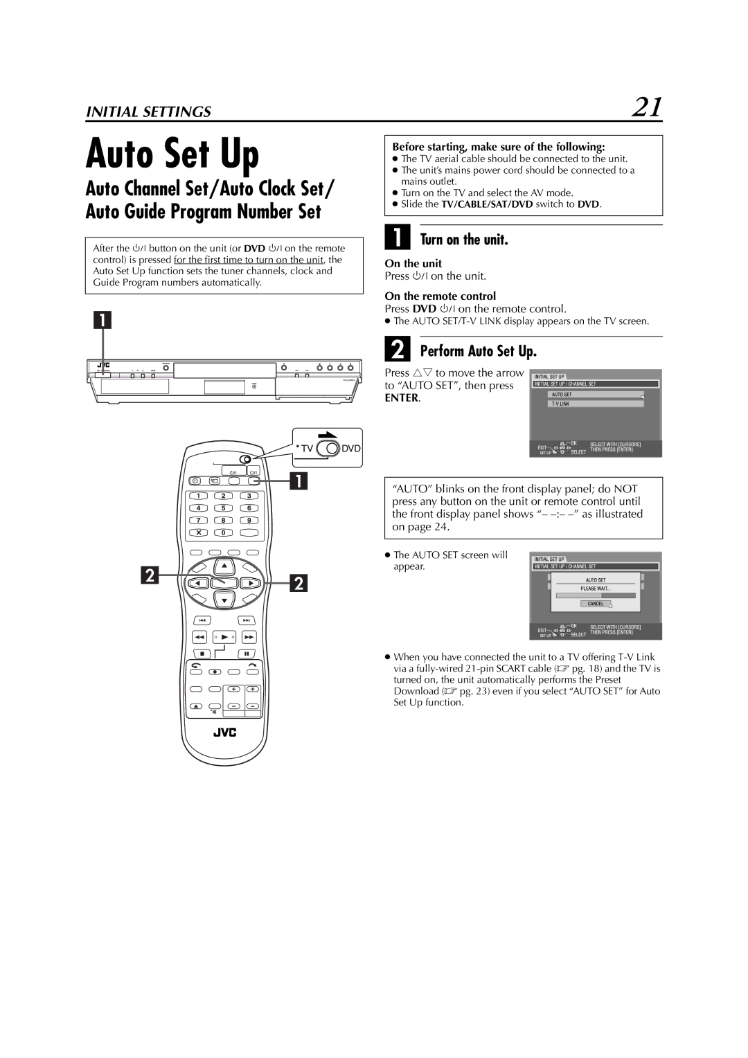 JVC DR-M1SLB, LPT0827-001B manual Turn on the unit, Perform Auto Set Up, Enter 