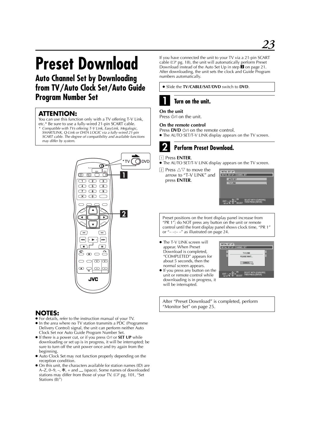 JVC DR-M1SLB, LPT0827-001B manual Perform Preset Download, Press Enter, Press rt to move Arrow to T-V Link and press Enter 