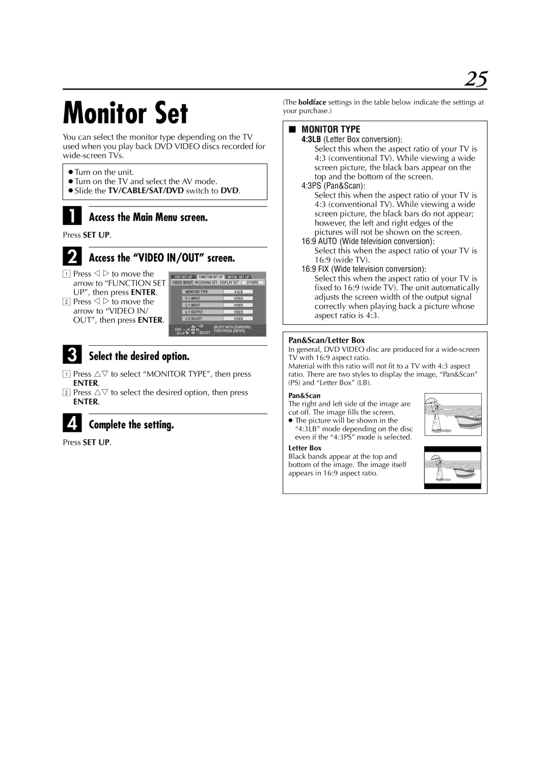 JVC DR-M1SLB manual Monitor Set, Access the Main Menu screen, Access the Video IN/OUT screen, Select the desired option 