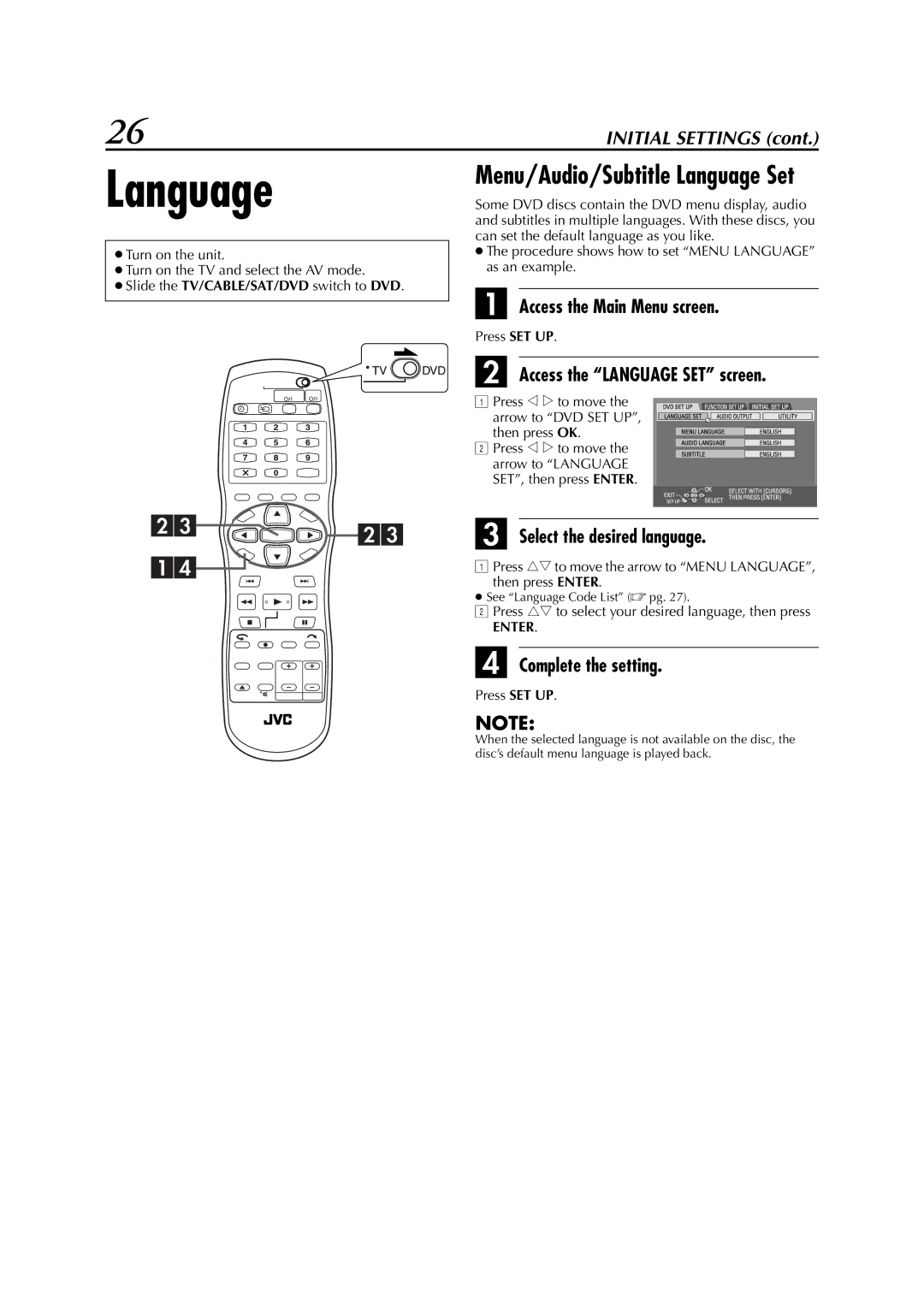 JVC LPT0827-001B, DR-M1SLB manual Access the Language SET screen, Select the desired language 