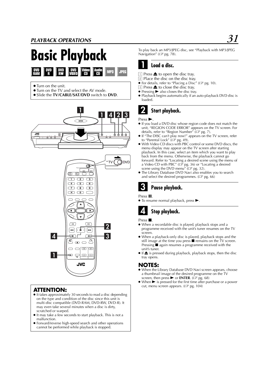 JVC DR-M1SLB, LPT0827-001B manual Basic Playback, Load a disc, Start playback, Pause playback, Stop playback 