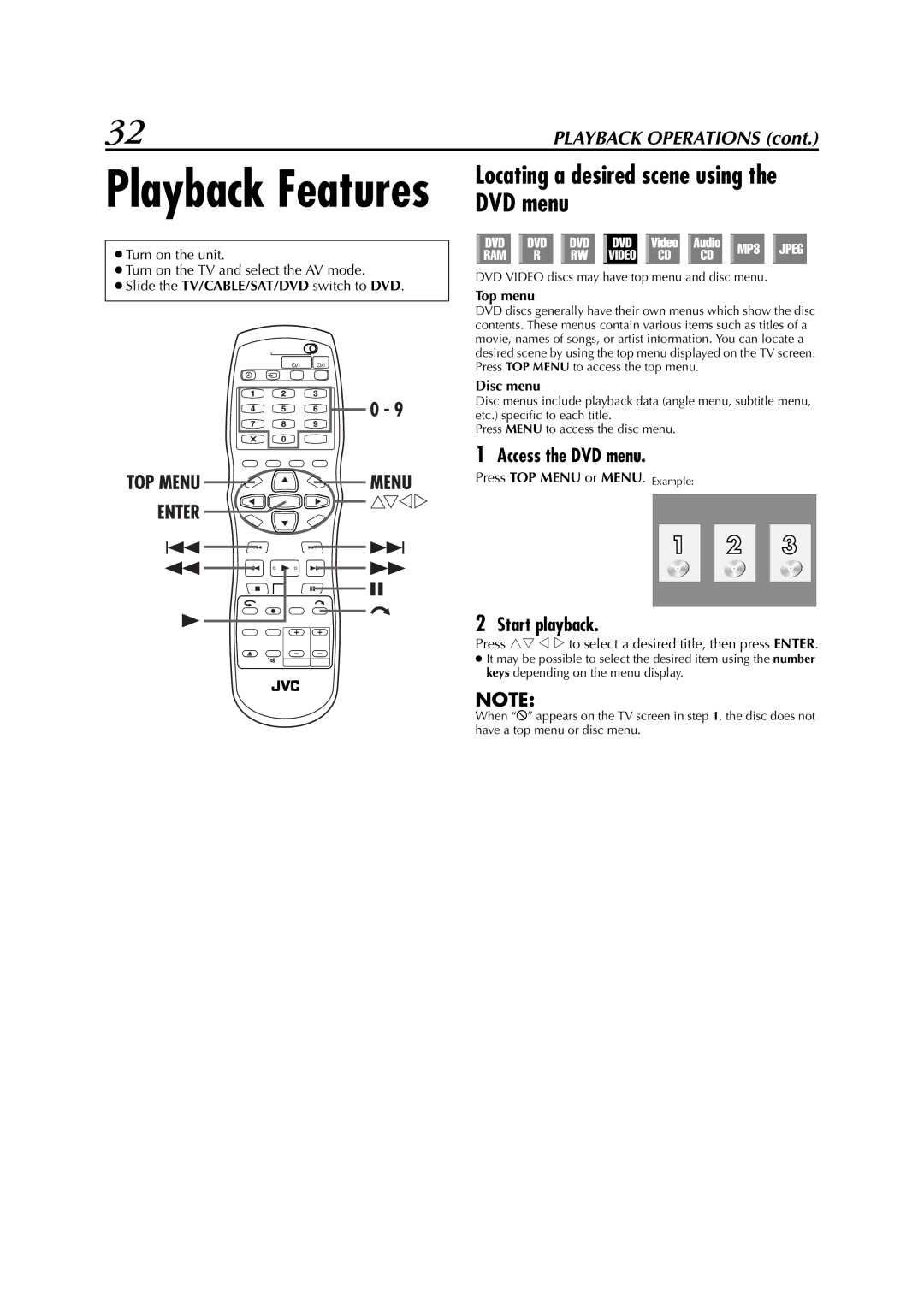 JVC LPT0827-001B, DR-M1SLB manual Locating a desired scene using the DVD menu, Access the DVD menu, Top menu, Disc menu 