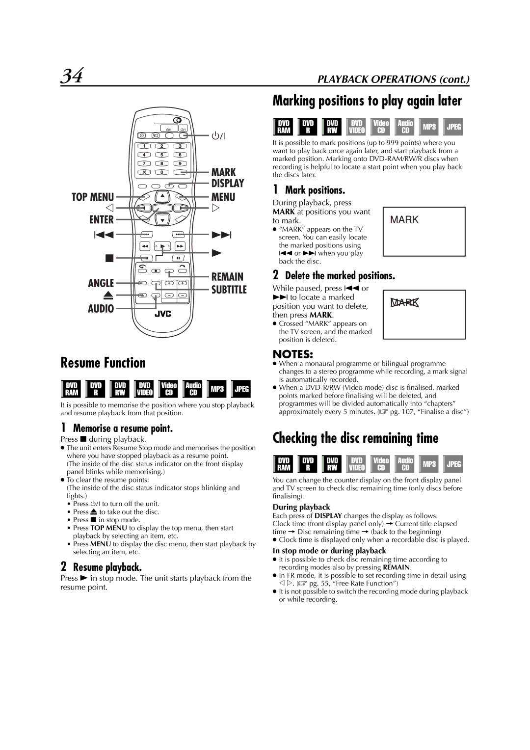 JVC LPT0827-001B Resume Function, Memorise a resume point, Resume playback, Mark positions, Delete the marked positions 