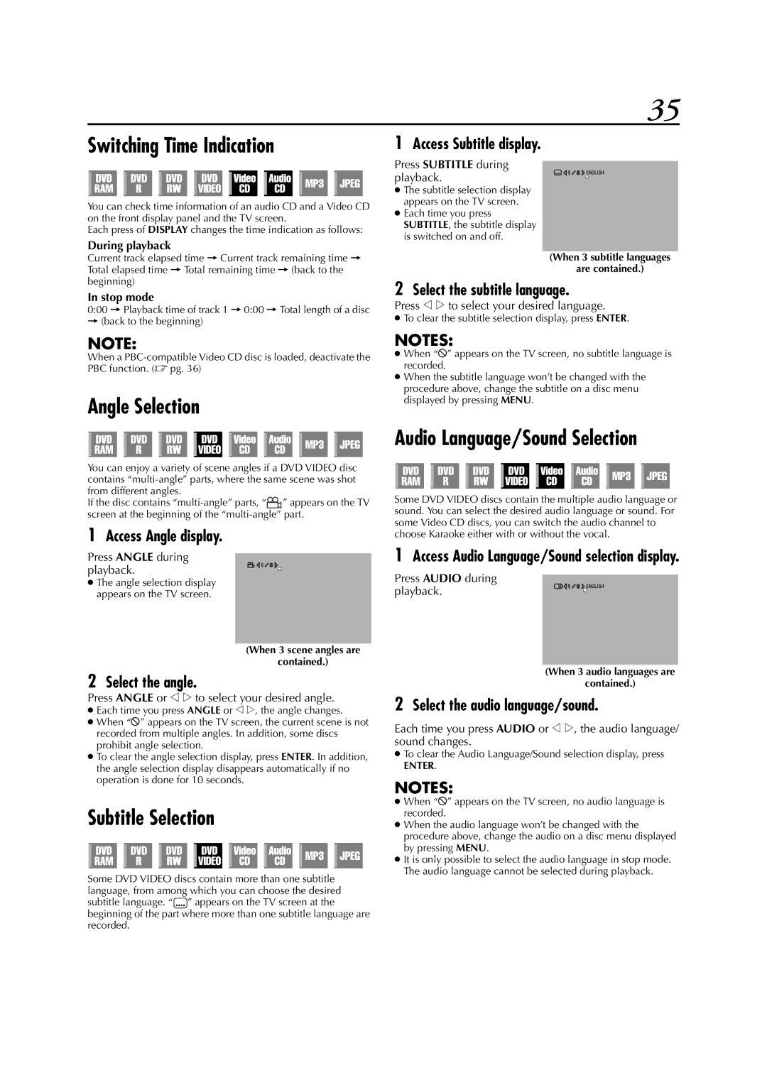 JVC DR-M1SLB, LPT0827-001B manual Switching Time Indication, Angle Selection, Subtitle Selection 