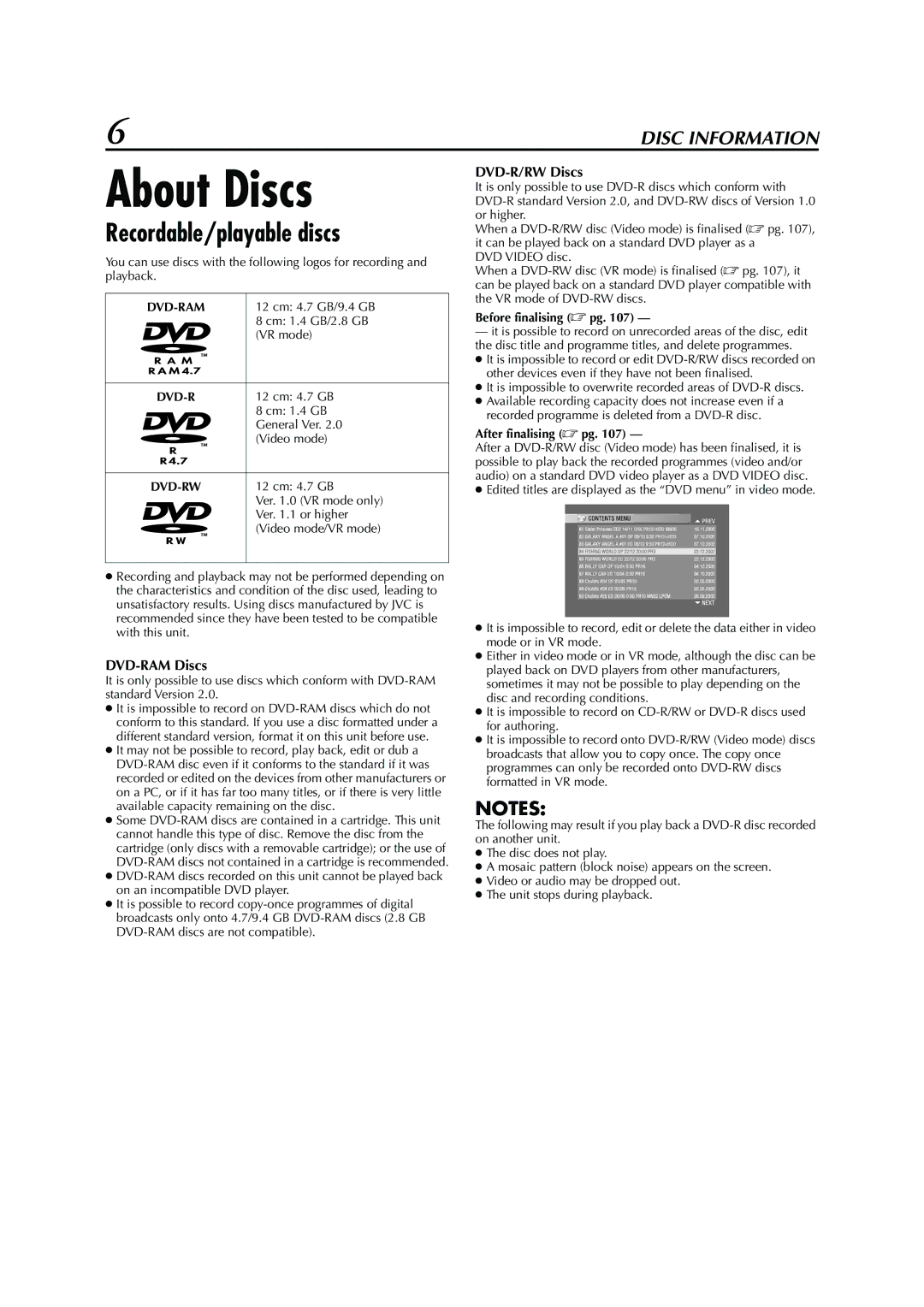 JVC LPT0827-001B, DR-M1SLB manual About Discs, Recordable/playable discs, DVD-RAM Discs, DVD-R/RW Discs 