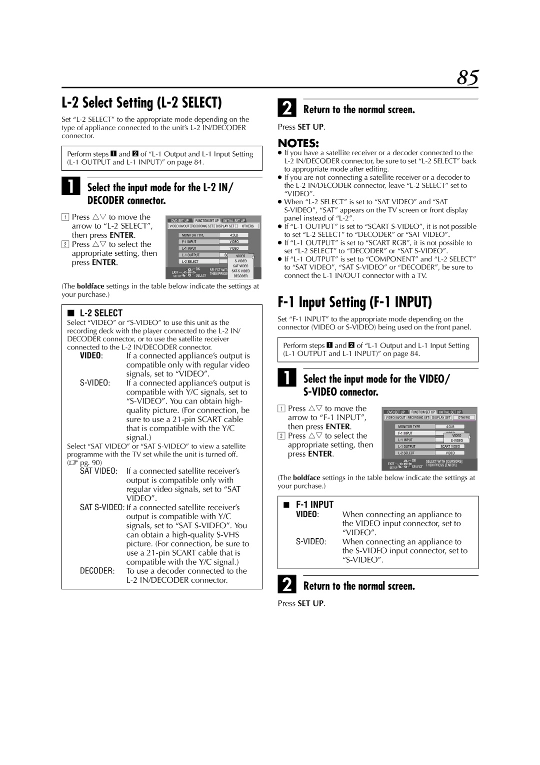 JVC DR-M1SLB, LPT0827-001B Input Setting F-1 Input, Select the input mode for the L-2 Decoder connector, Press rt to move 