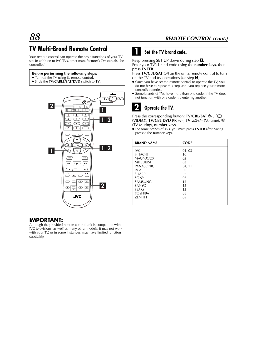 JVC LPT0827-001B, DR-M1SLB manual TV Multi-Brand Remote Control, Set the TV brand code, Operate the TV 