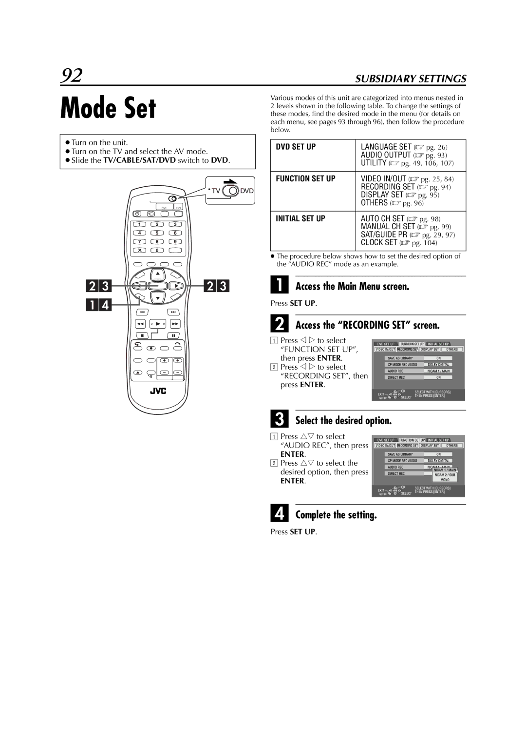 JVC LPT0827-001B, DR-M1SLB manual Mode Set, Access the Recording SET screen, Dvd Set Up, Function SET UP, Initial SET UP 