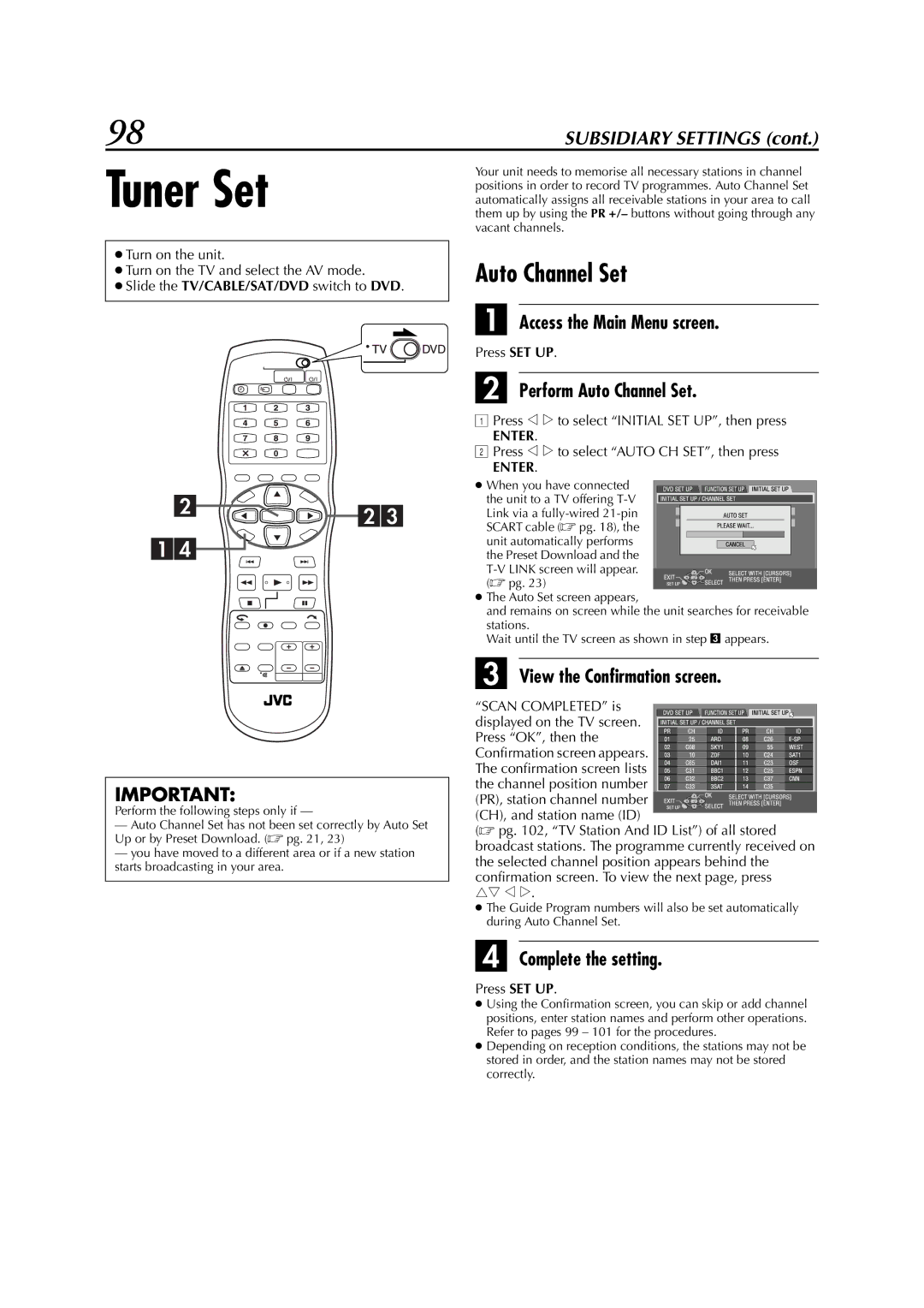 JVC LPT0827-001B, DR-M1SLB manual Tuner Set, Perform Auto Channel Set, View the Confirmation screen 