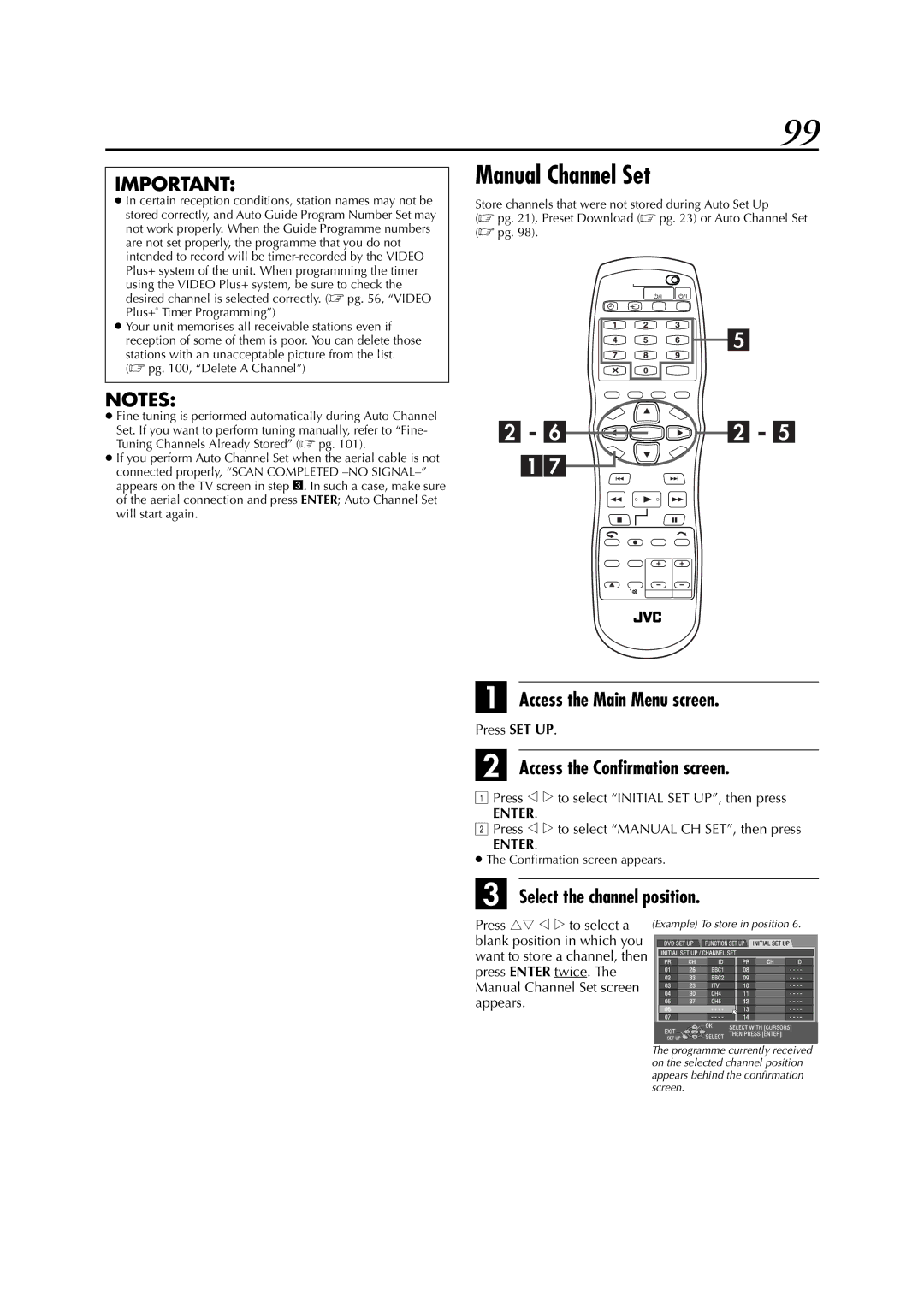 JVC DR-M1SLB, LPT0827-001B Manual Channel Set, Select the channel position, Press w e to select Manual CH SET, then press 