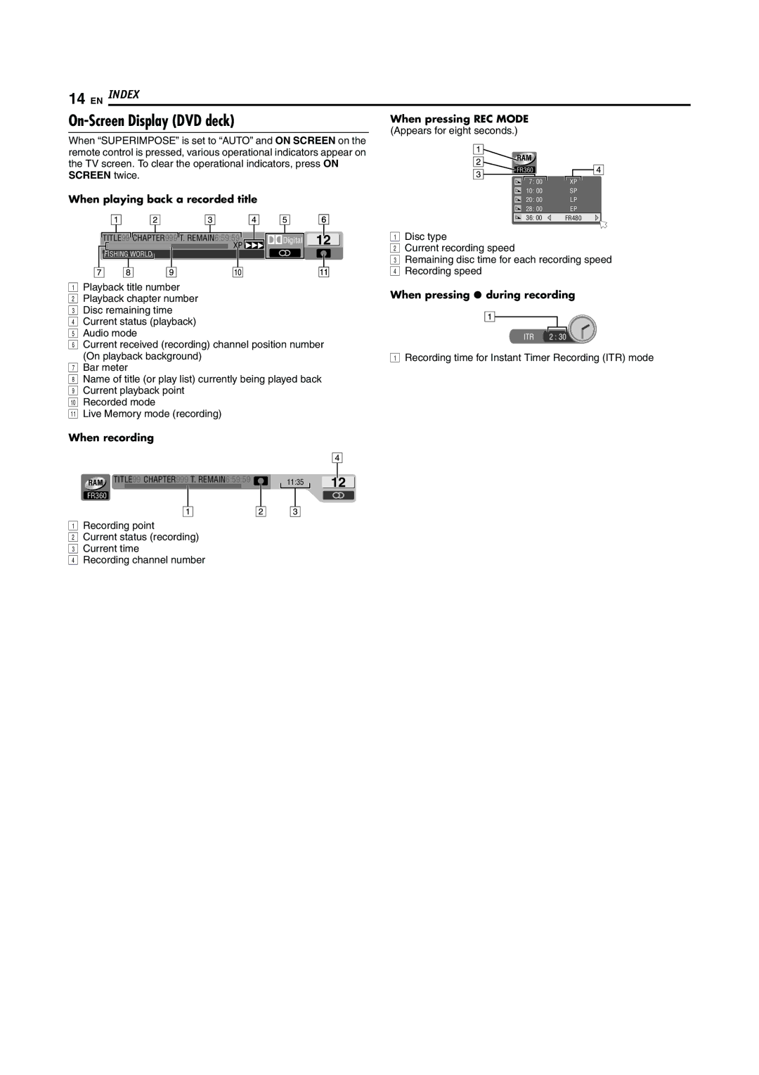 JVC LPT0923-001A On-Screen Display DVD deck, When pressing REC Mode, When pressing 7 during recording, When recording 