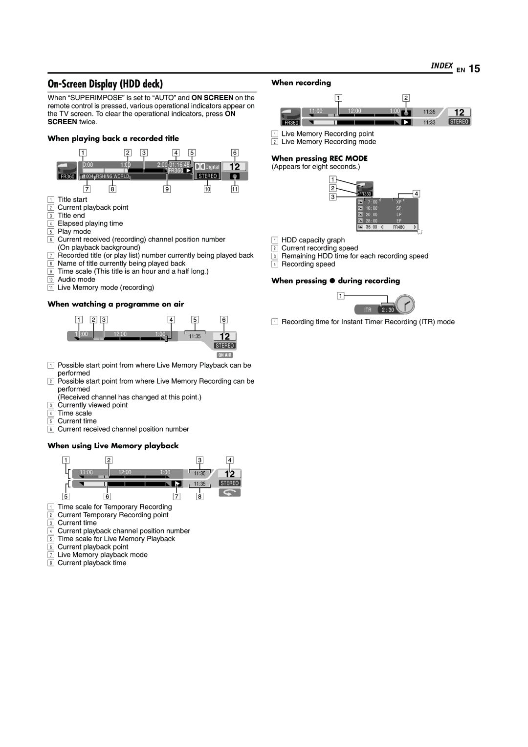 JVC LPT0923-001A manual On-Screen Display HDD deck, When playing back a recorded title, When watching a programme on air 