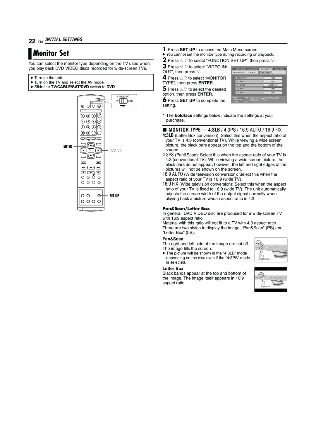 JVC LPT0923-001A manual Monitor Set, Pan&Scan/Letter Box 