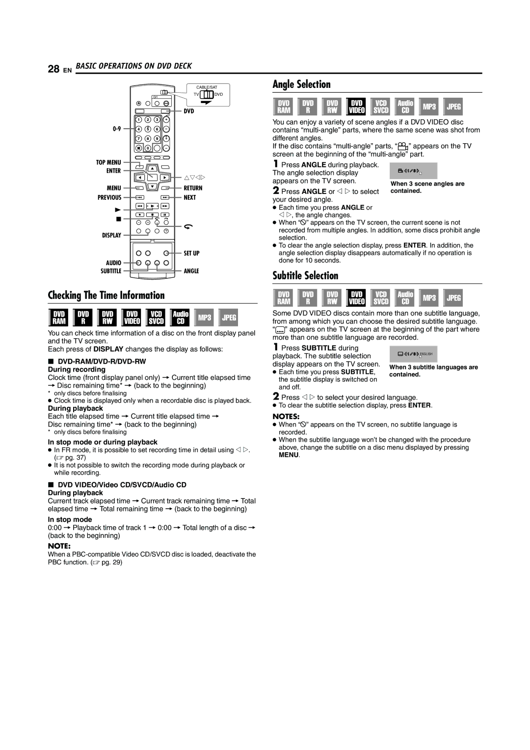 JVC LPT0923-001A manual Angle Selection, Subtitle Selection Checking The Time Information 