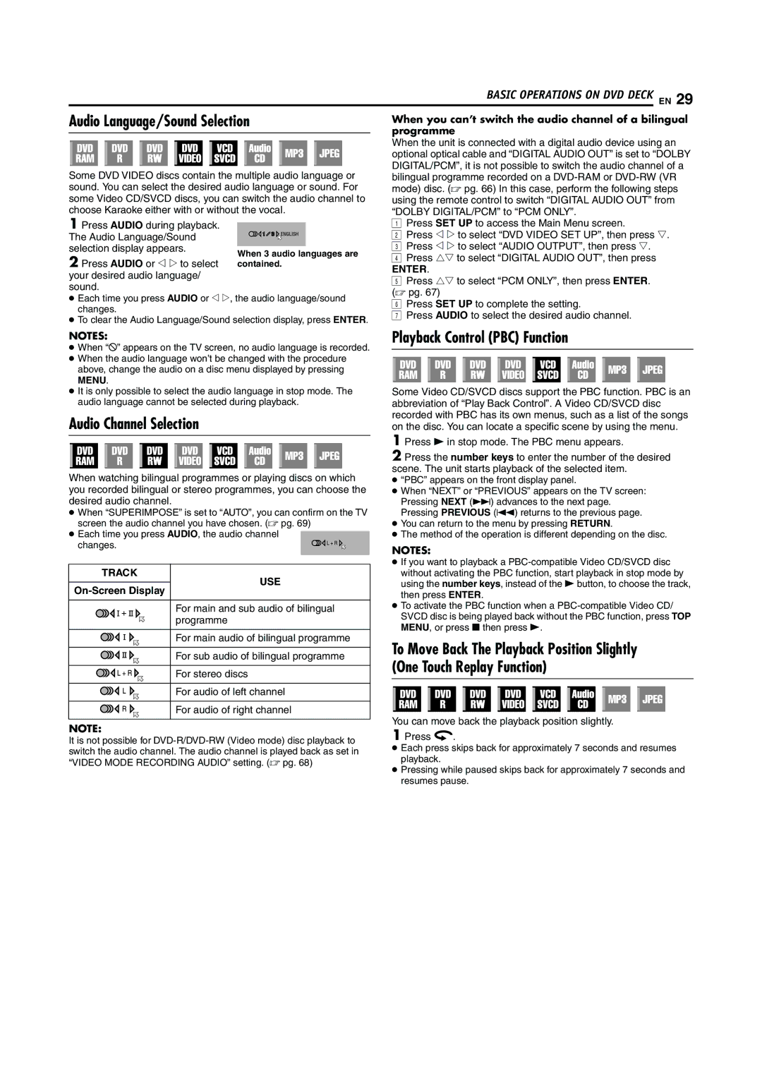 JVC LPT0923-001A manual Audio Language/Sound Selection, Playback Control PBC Function, Audio Channel Selection 