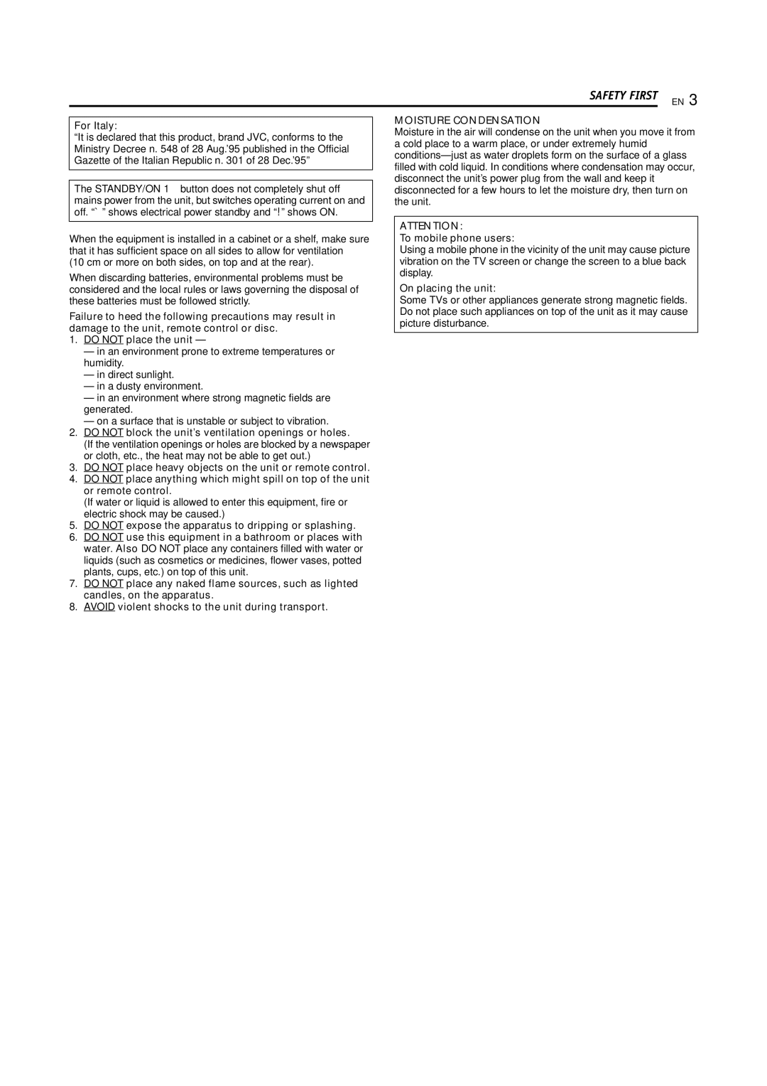 JVC LPT0923-001A manual For Italy, Do not place the unit, Do not block the unit’s ventilation openings or holes 