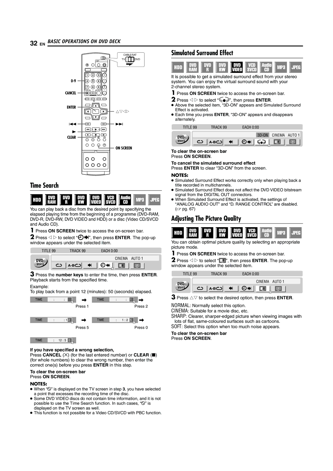 JVC LPT0923-001A manual Simulated Surround Effect, Time Search, Adjusting The Picture Quality 