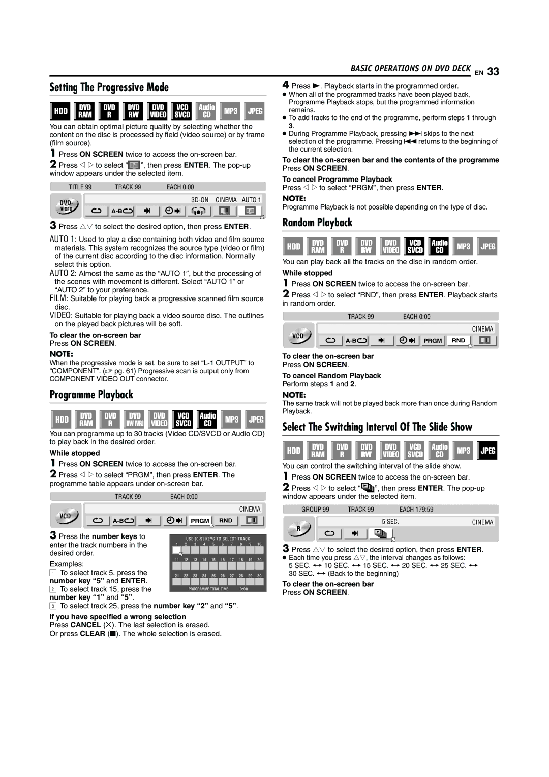 JVC LPT0923-001A manual Setting The Progressive Mode, Random Playback, Programme Playback 