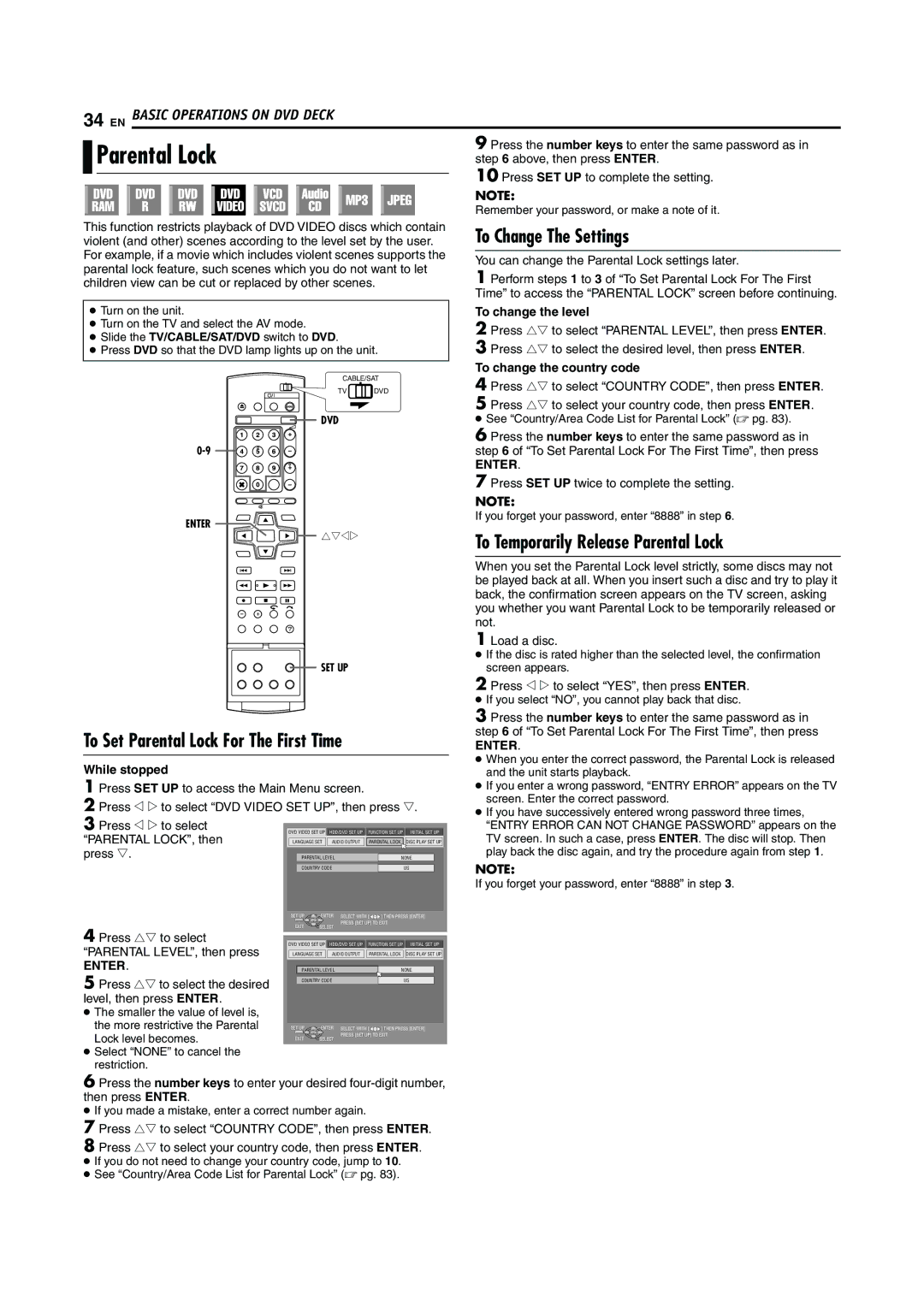 JVC LPT0923-001A To Change The Settings, To Set Parental Lock For The First Time, To Temporarily Release Parental Lock 