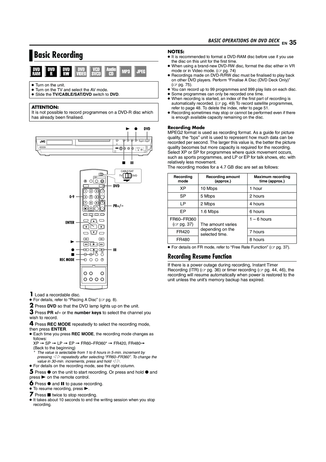 JVC LPT0923-001A manual Basic Recording, Recording Resume Function, Recording Mode 