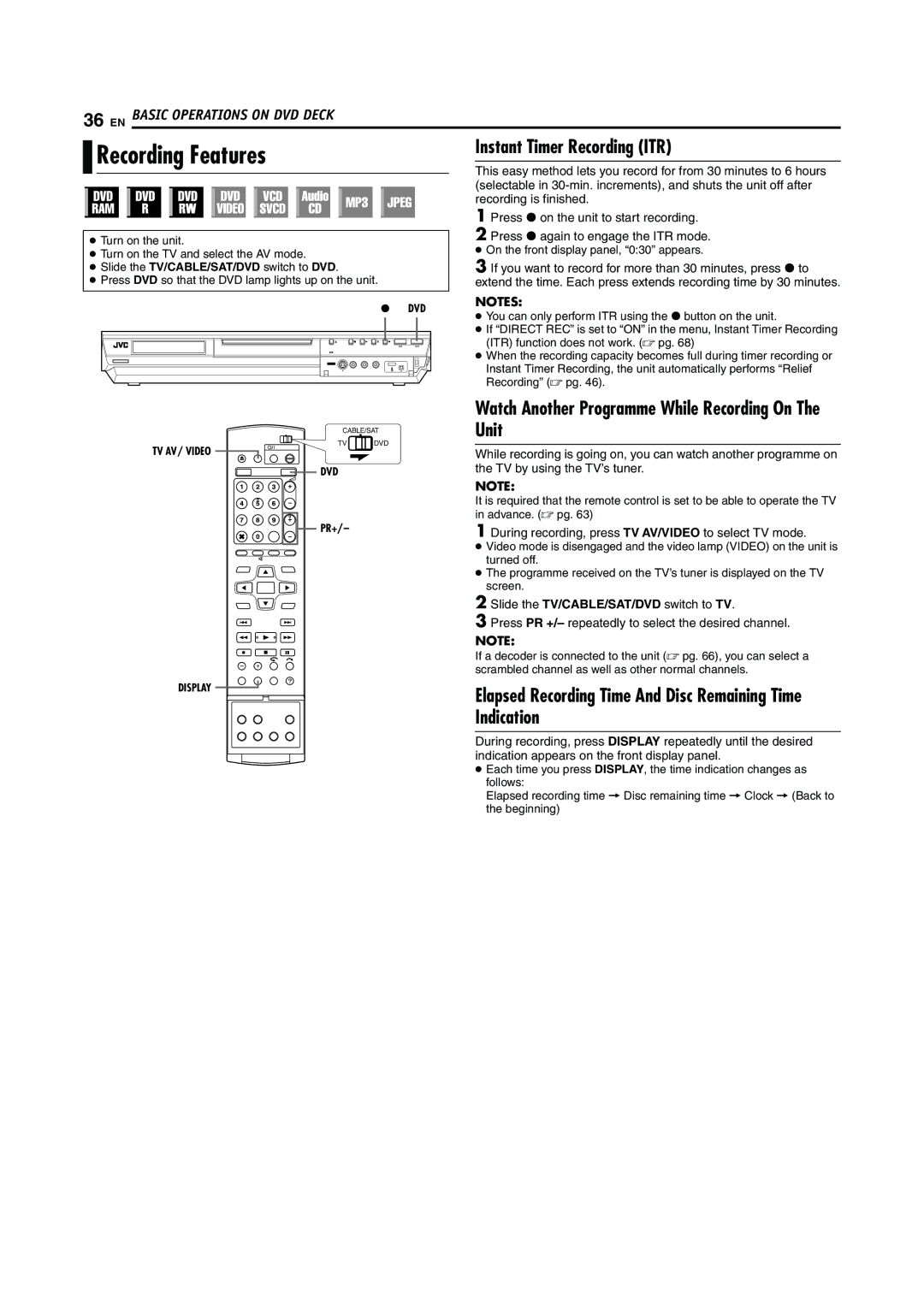 JVC LPT0923-001A Recording Features, Instant Timer Recording ITR, Watch Another Programme While Recording On The Unit 