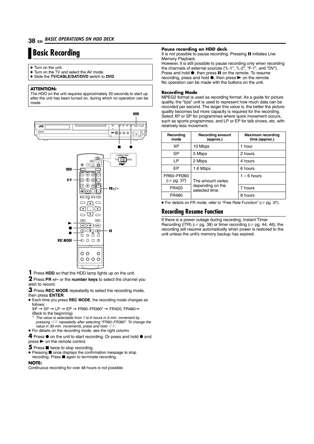 JVC LPT0923-001A manual Pause recording on HDD deck 