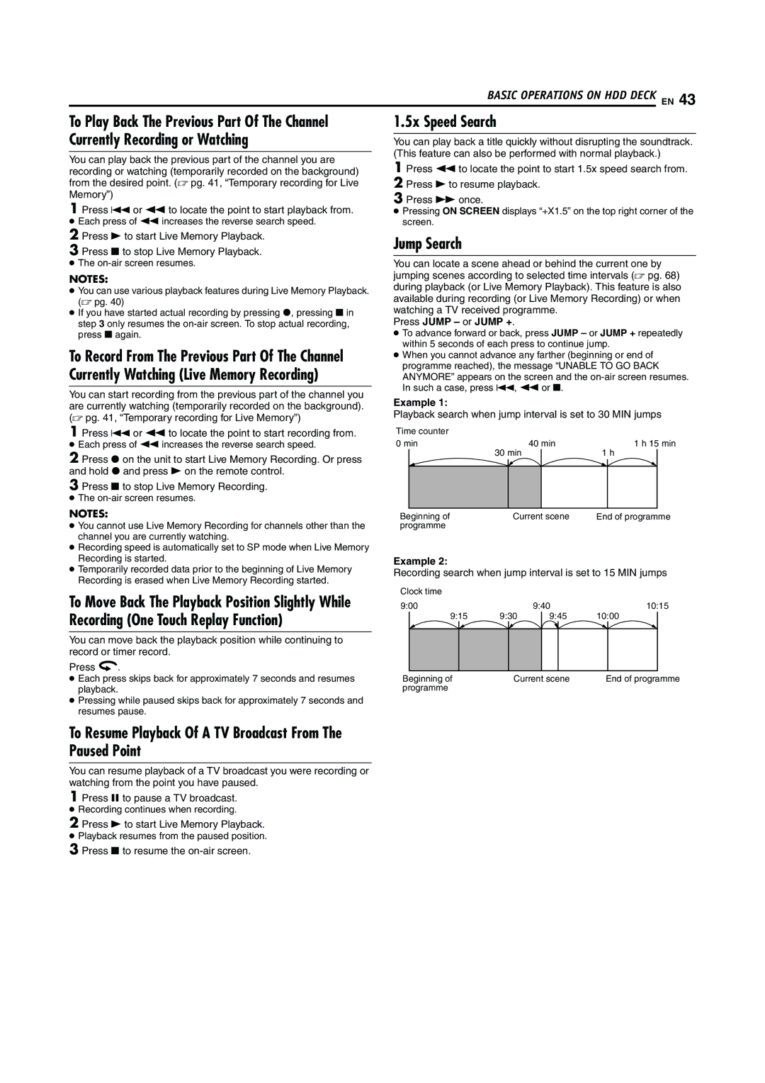 JVC LPT0923-001A manual 5x Speed Search, Jump Search, To Resume Playback Of a TV Broadcast From The Paused Point 