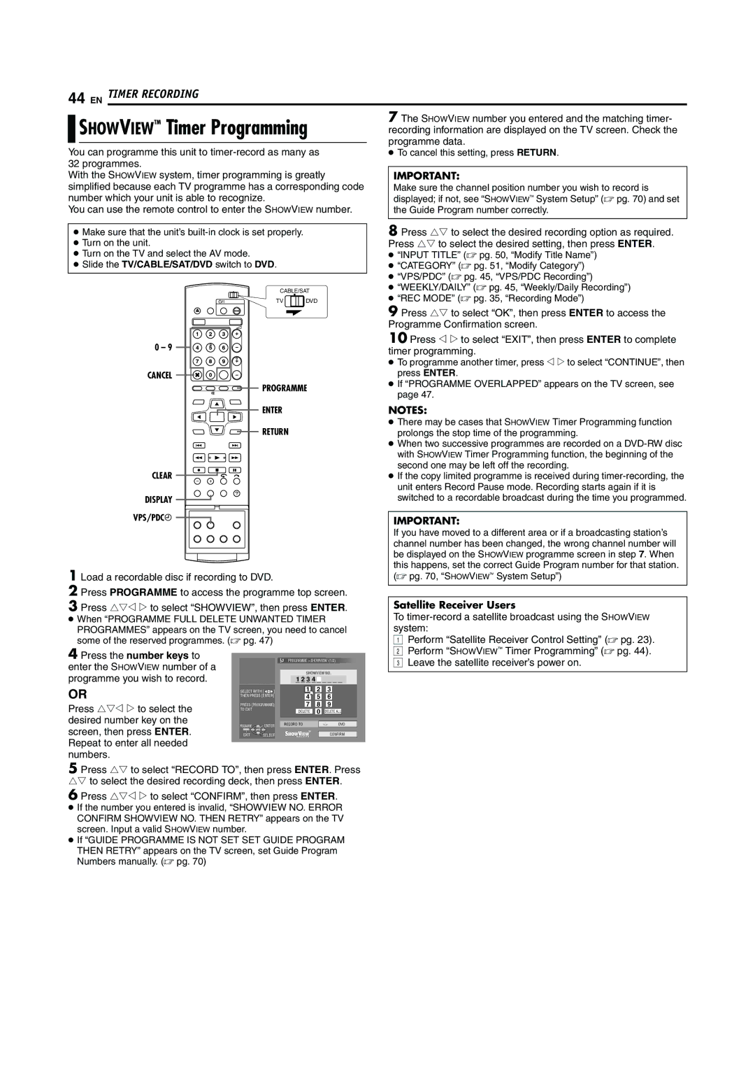 JVC LPT0923-001A manual Timer Programming, Satellite Receiver Users 