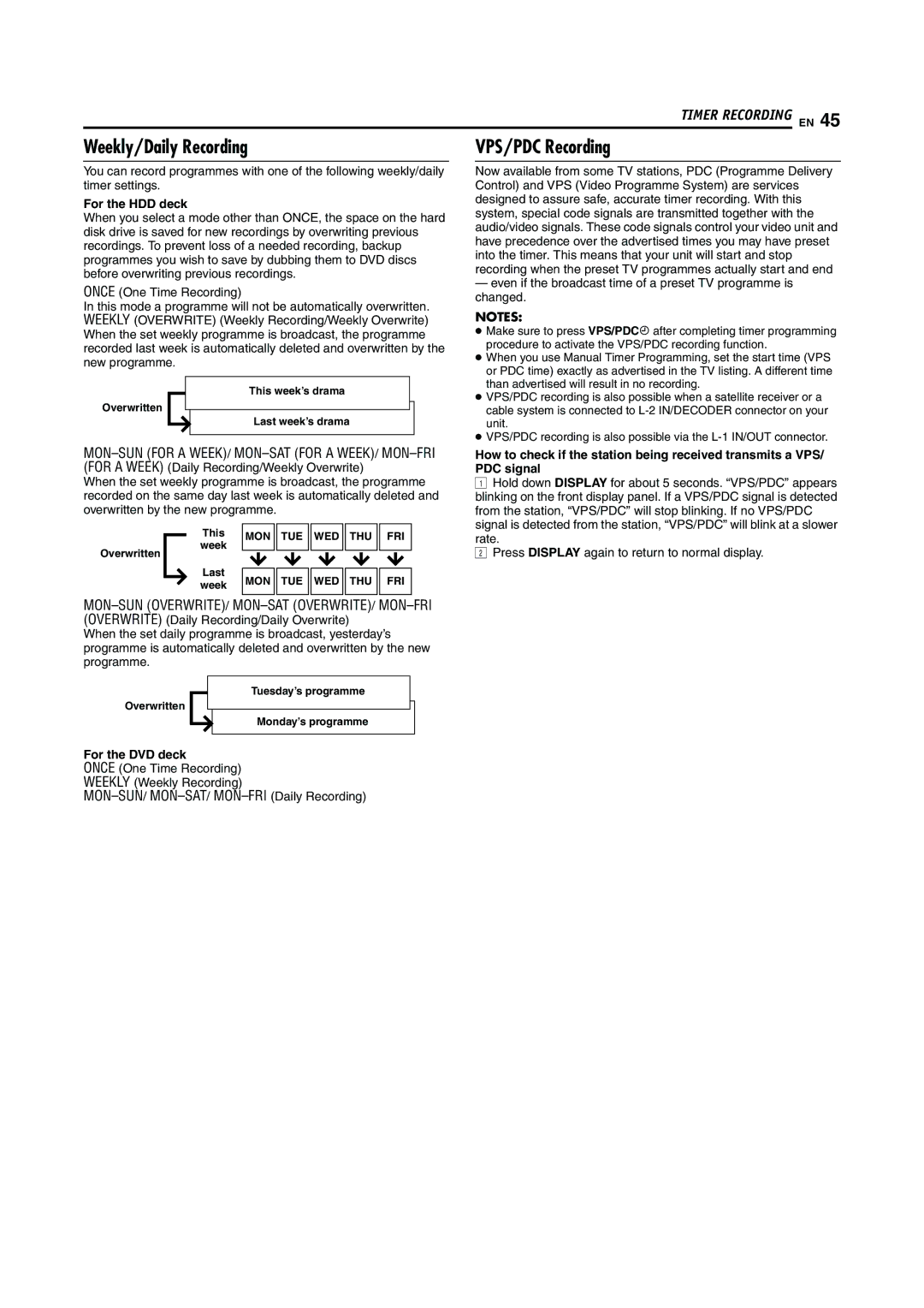 JVC LPT0923-001A manual Weekly/Daily Recording, VPS/PDC Recording, For the HDD deck, For the DVD deck 