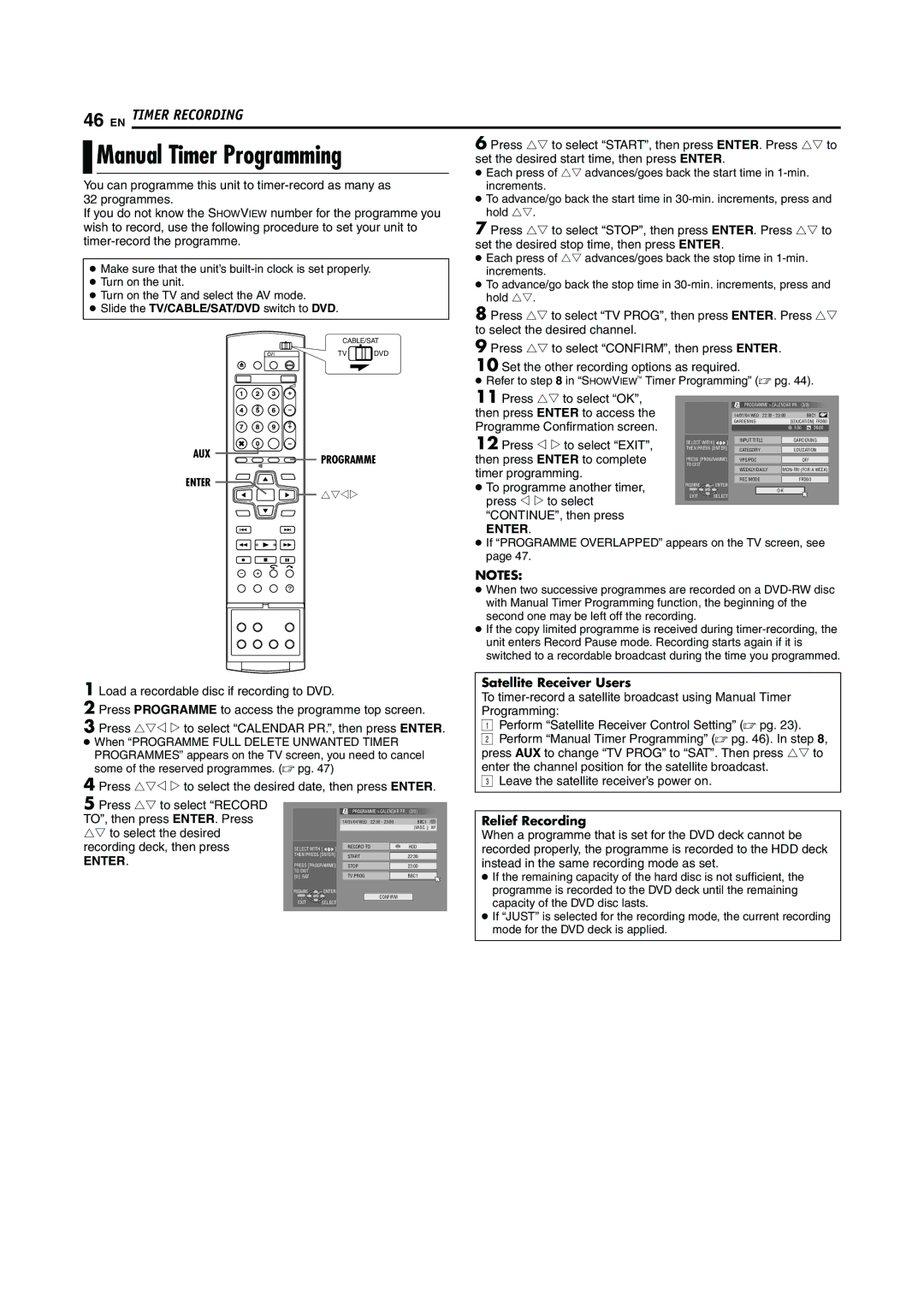 JVC LPT0923-001A manual Manual Timer Programming, Relief Recording 