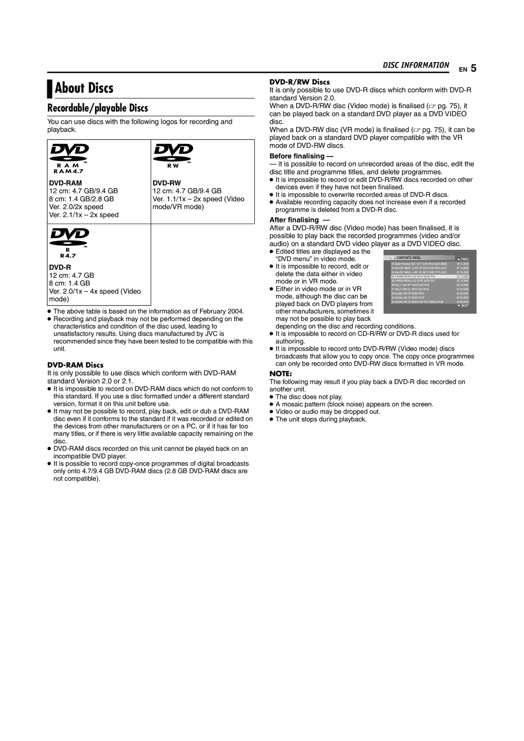 JVC LPT0923-001A manual About Discs, Recordable/playable Discs, DVD-RAM Discs, DVD-R/RW Discs 