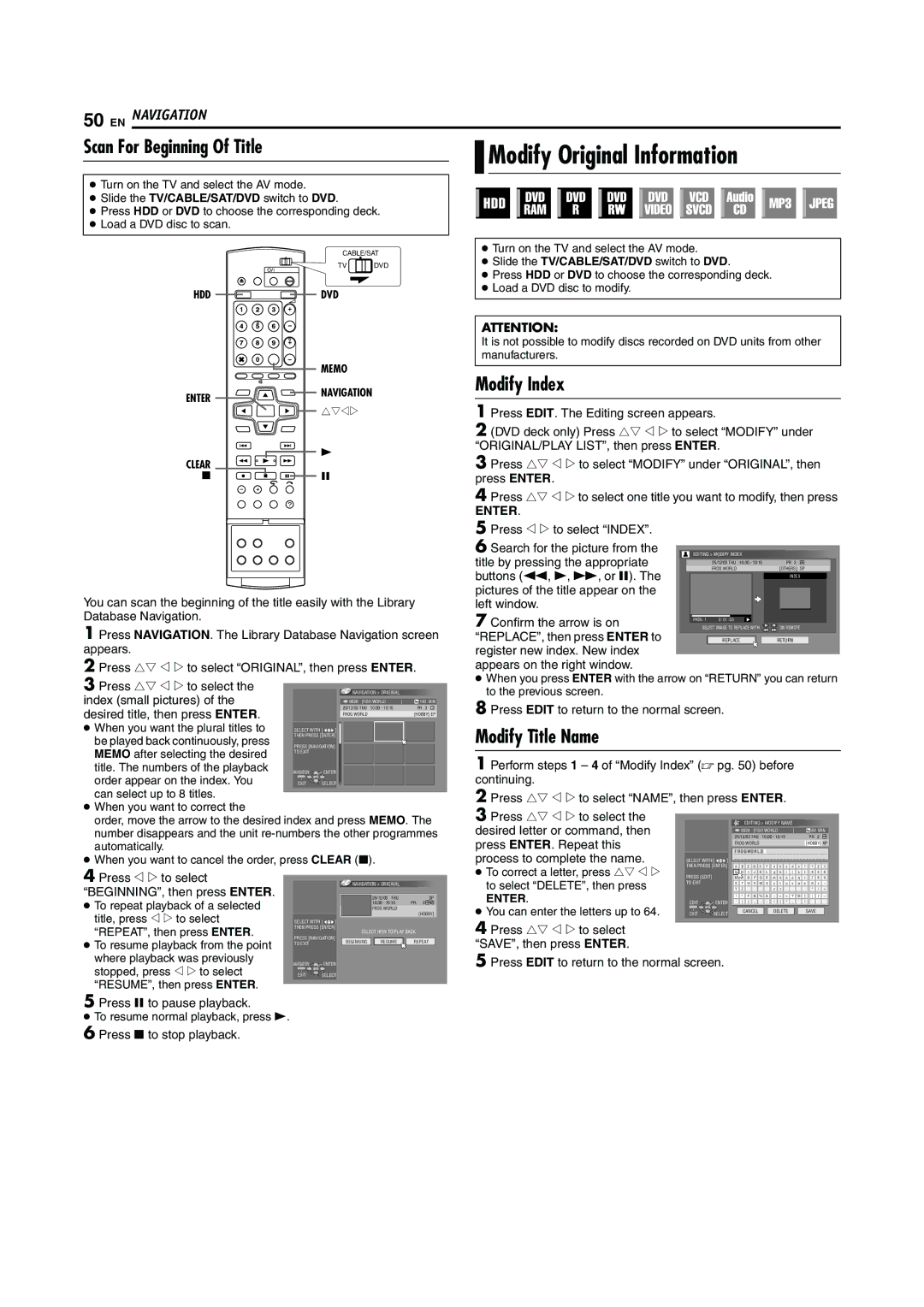 JVC LPT0923-001A manual Modify Original Information, Scan For Beginning Of Title, Modify Index, Modify Title Name 