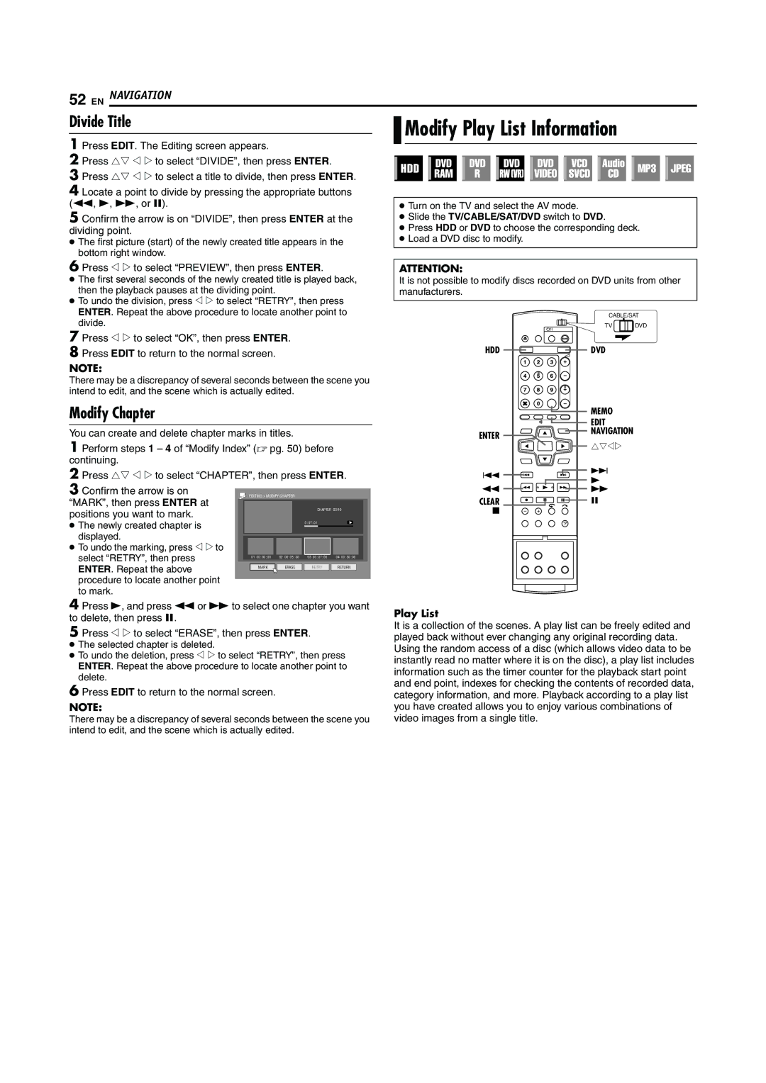 JVC LPT0923-001A Modify Play List Information, Divide Title, Modify Chapter, Press w e to select PREVIEW, then press Enter 