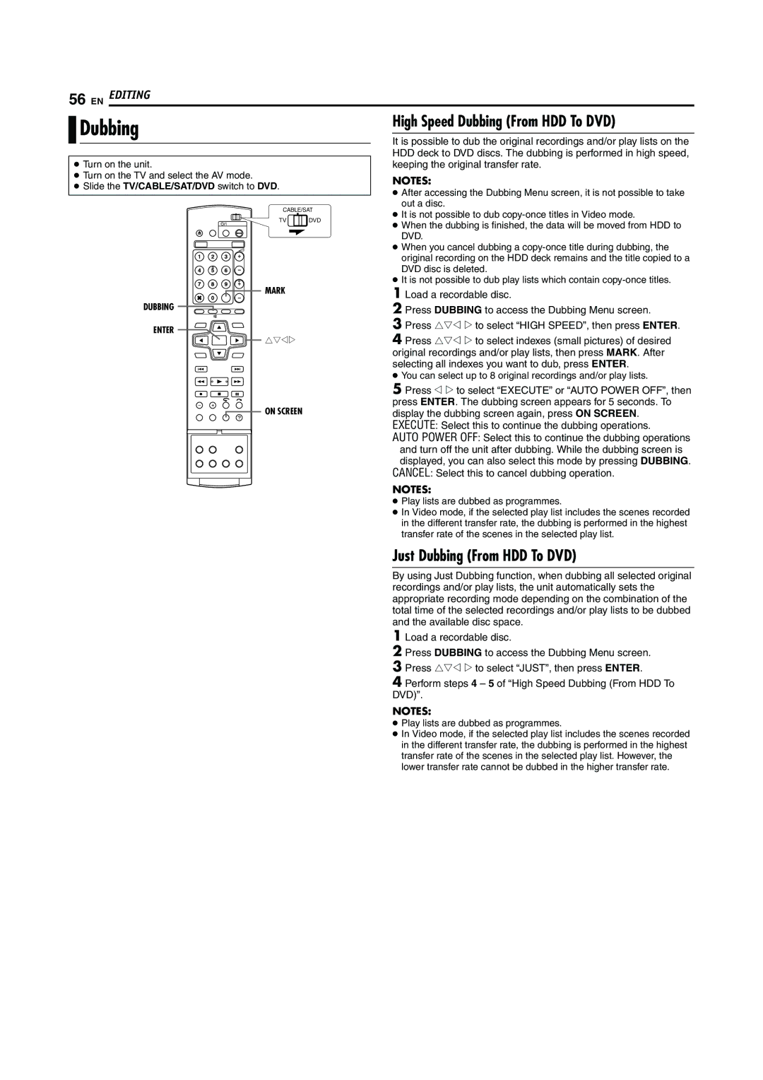 JVC LPT0923-001A High Speed Dubbing From HDD To DVD, Just Dubbing From HDD To DVD, Play lists are dubbed as programmes 